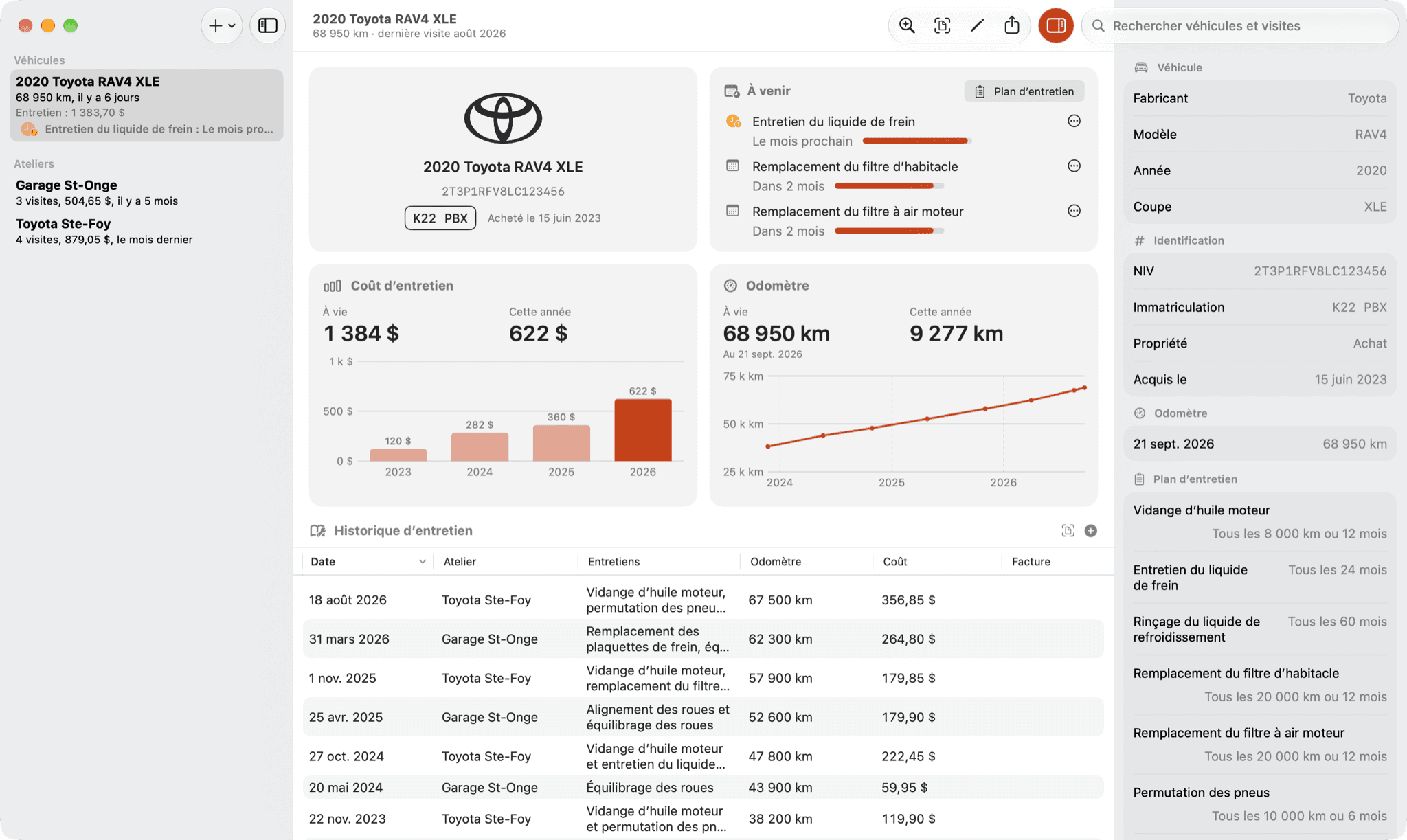 Vehicare sur Mac: le véhicule, ce qui est à prévoir, et les graphiques de ses coûts et de son kilométrage, au-dessus du tableau de son historique d’entretien, et sa fiche dans l’inspecteur.