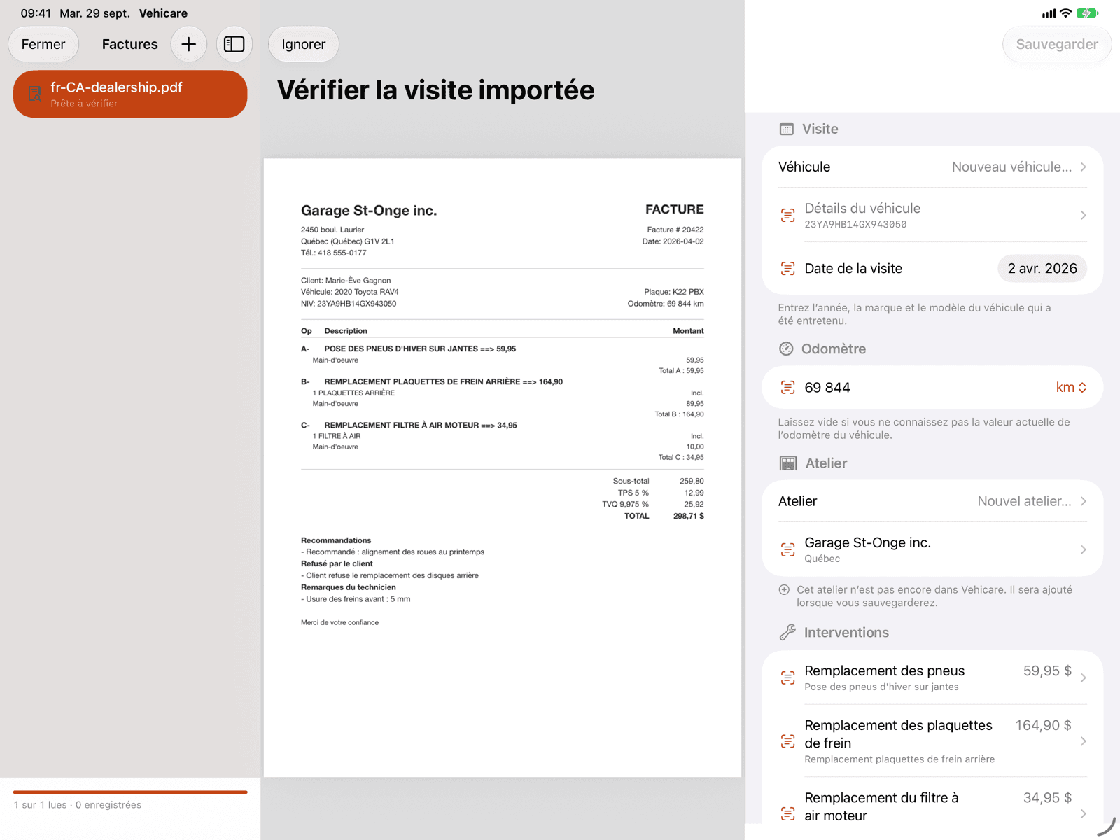 Sur un iPad, une liste de factures à gauche, la facture au milieu, et sa visite à droite.