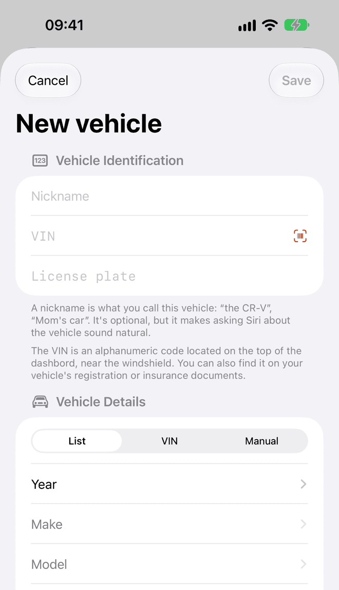 The New vehicle form: Nickname, VIN and License plate fields, then a Source picker set to List, with Year, Make, Model and Trim below it.