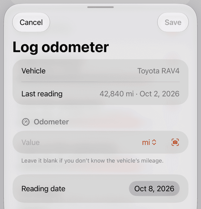 The Log odometer sheet: the vehicle, its last reading, a field for the new value, and the reading date.