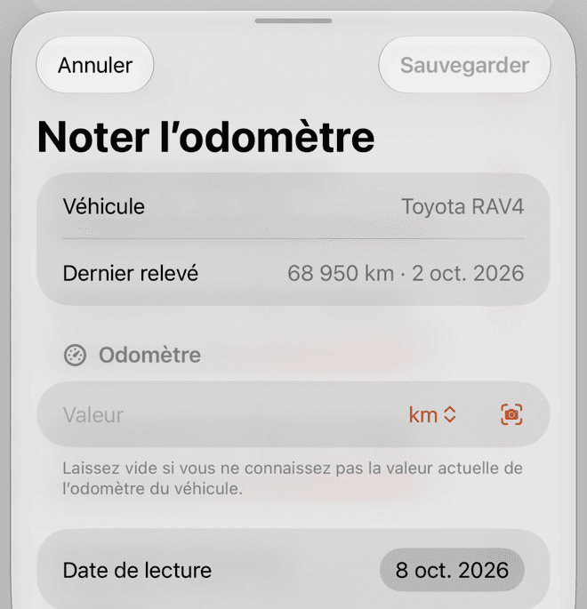 La feuille pour noter un relevé: le véhicule, son dernier relevé, un champ pour la nouvelle valeur, et la date du relevé.