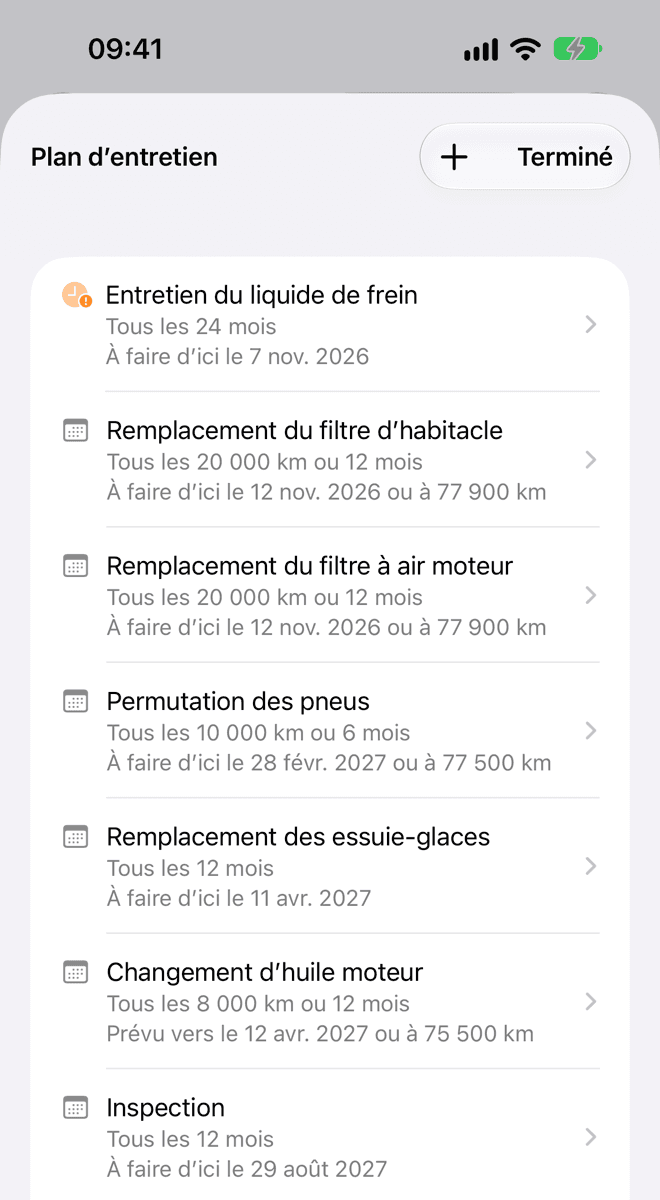 La feuille Plan d’entretien: chaque entretien avec son intervalle selon la distance et selon le temps.