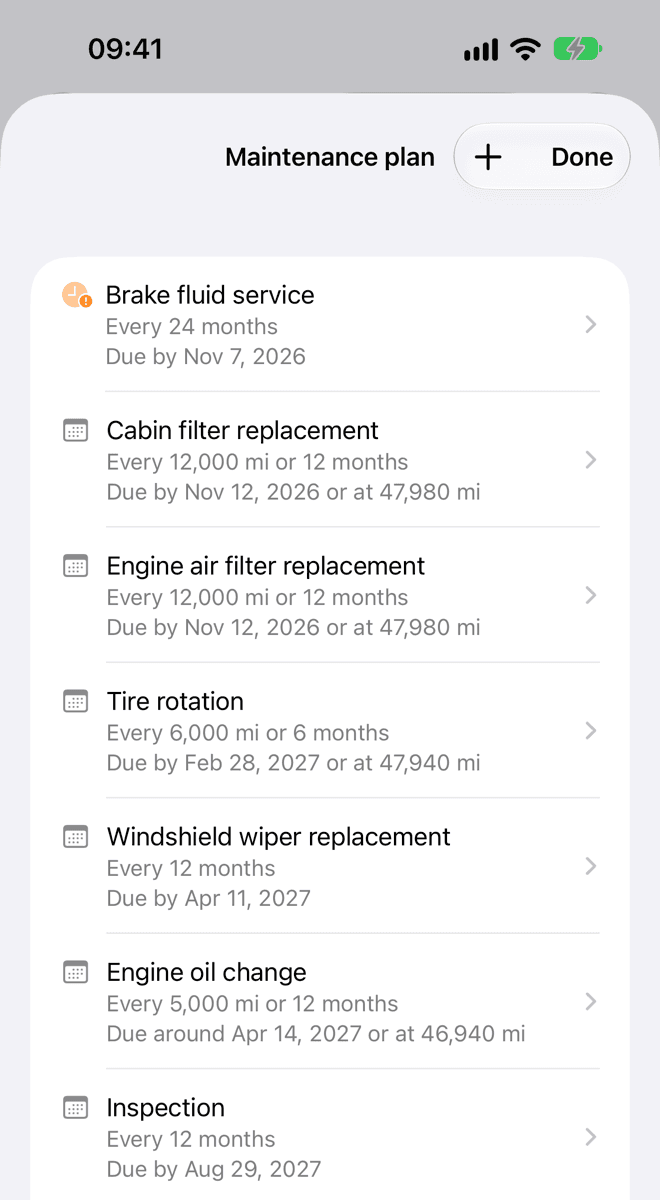 The Maintenance plan sheet: each service with its interval by distance and by time.