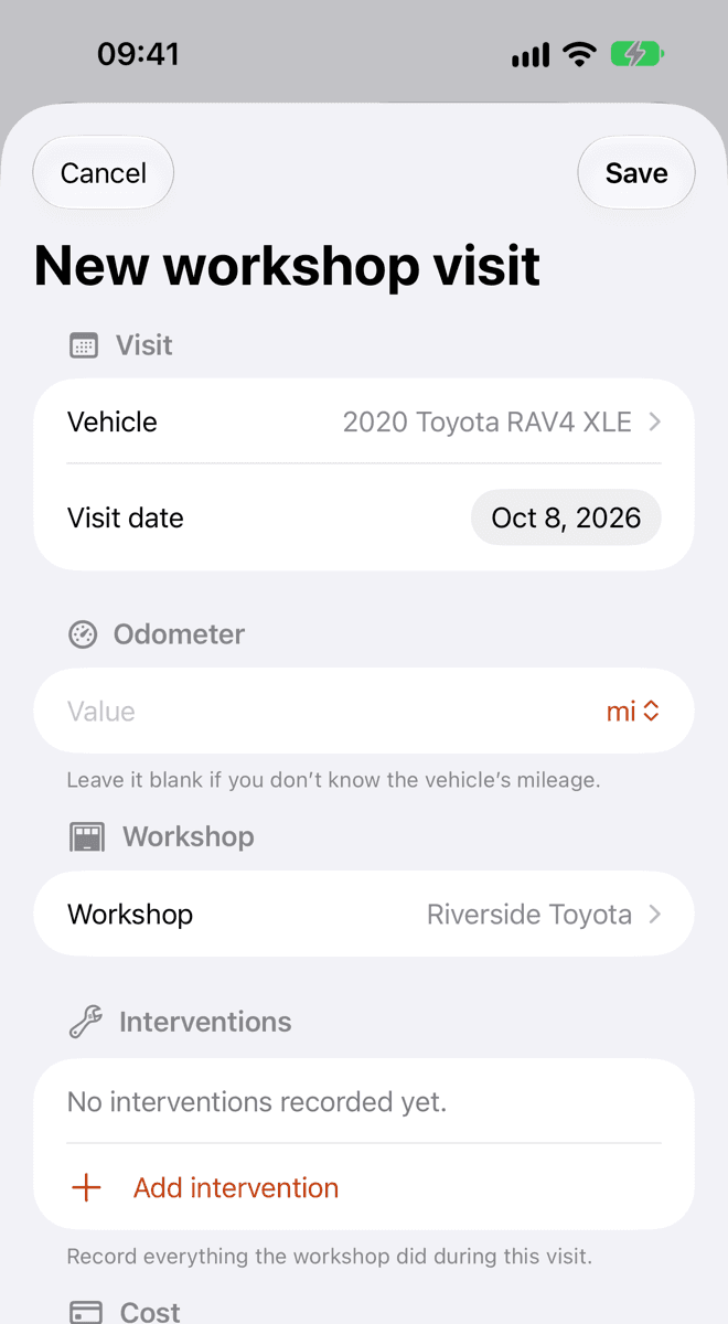 The New workshop visit form, with the vehicle, the visit date, the odometer and the workshop at the top.