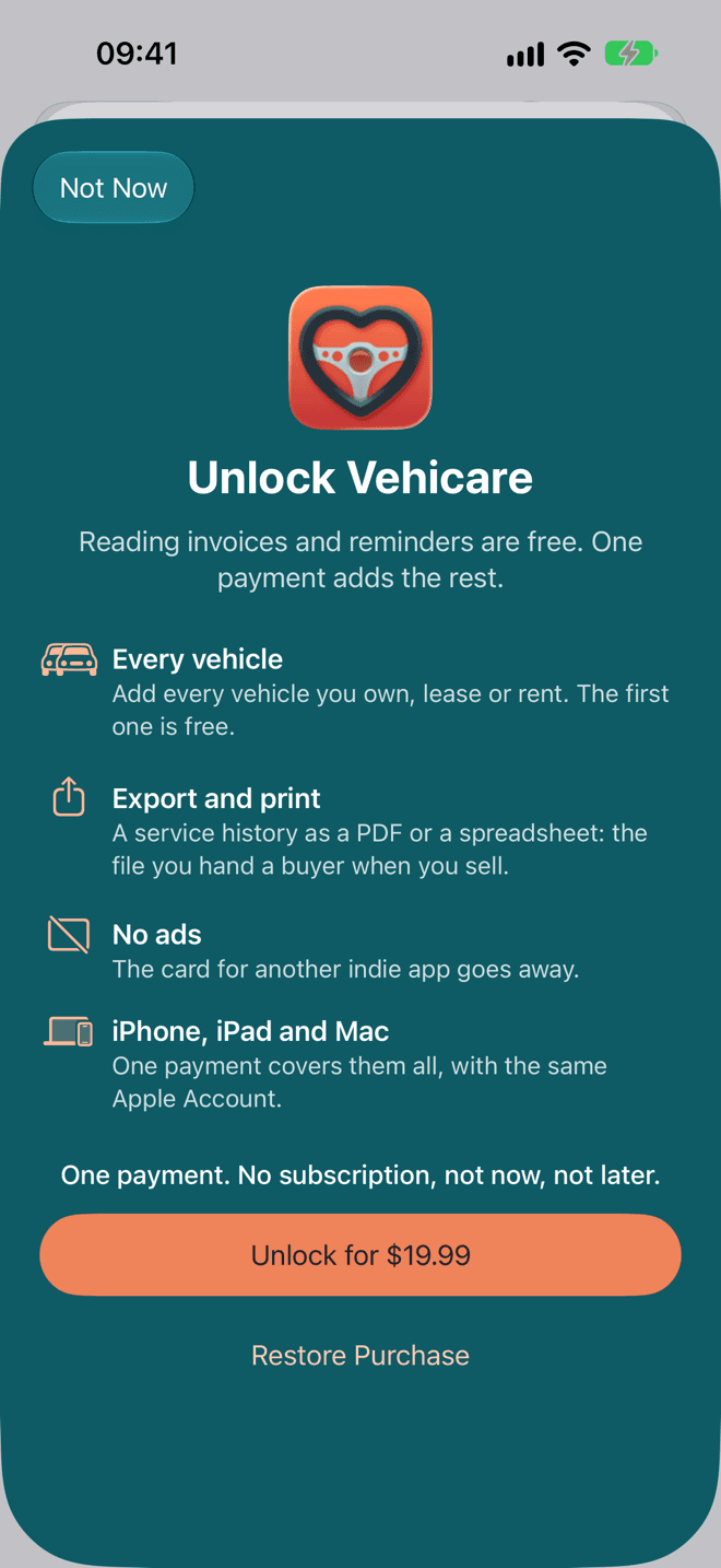 The Unlock Vehicare screen: Every vehicle, Export and print, No ads, and iPhone, iPad and Mac, above an Unlock button with the price and a Restore Purchase link.
