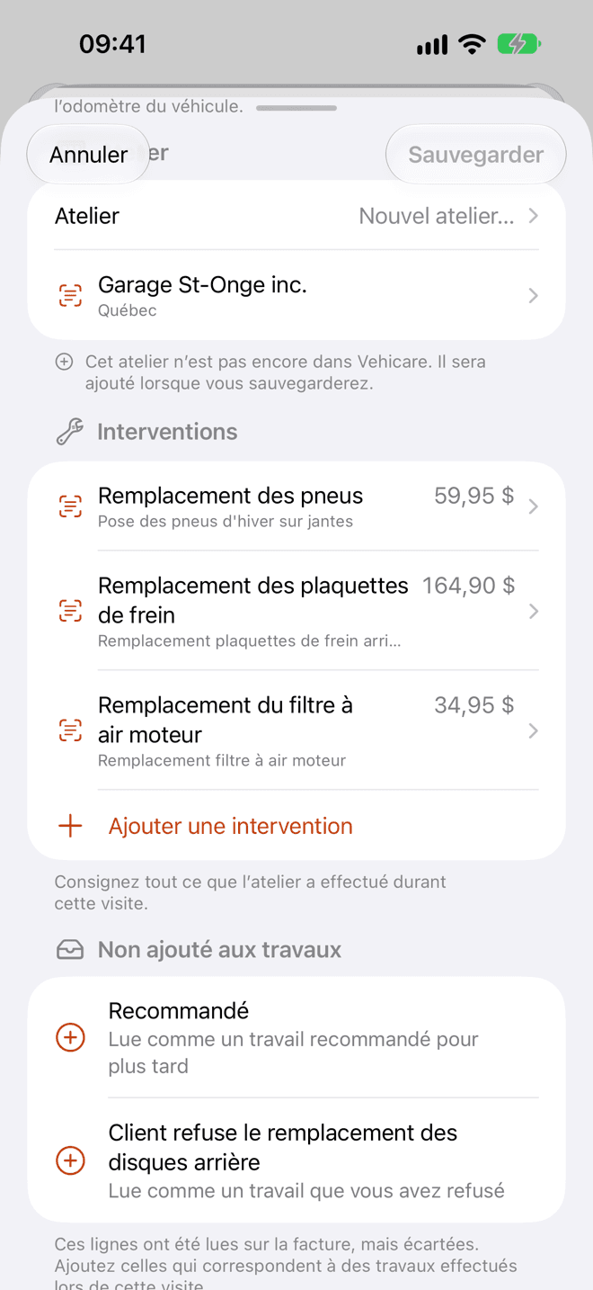 L’atelier, puis trois interventions avec leur coût. En dessous, une section Non ajouté aux travaux avec une ligne lue comme un travail refusé.
