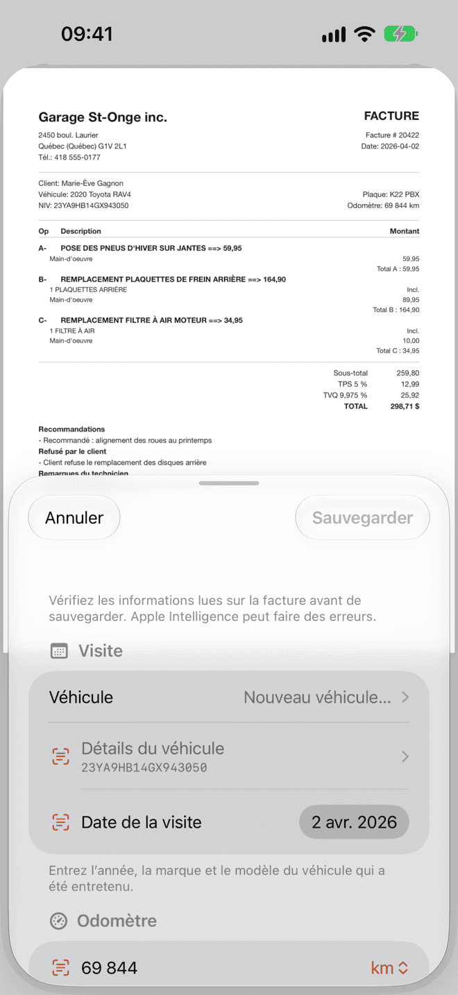 La facture en haut de l’écran, et en dessous le formulaire Vérifier la visite importée, avec les détails du véhicule et la date de la visite lus sur la facture.