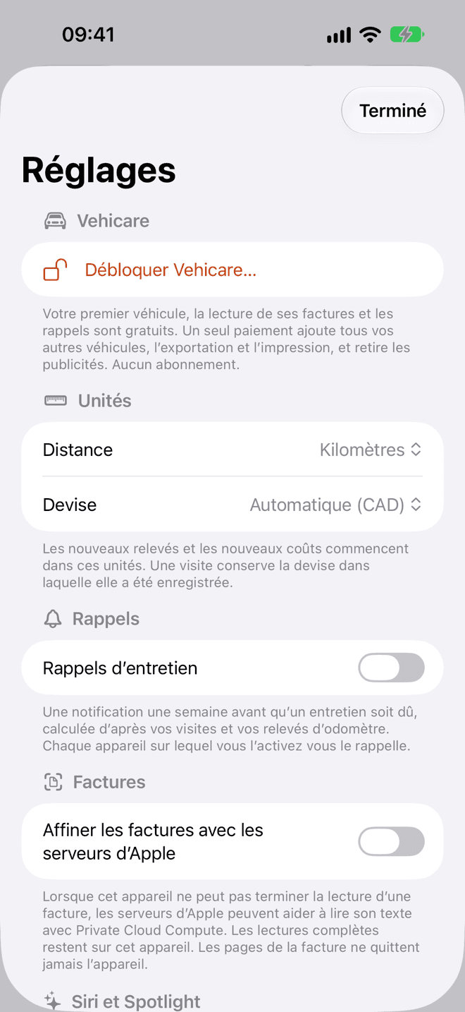 Les réglages de Vehicare: Débloquer Vehicare, puis Unités avec la distance et la devise, puis Rappels.