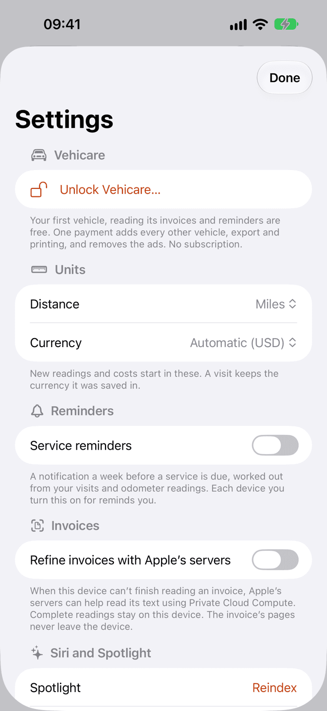 Vehicare’s Settings: Unlock Vehicare, then Units with distance and currency, then Reminders.