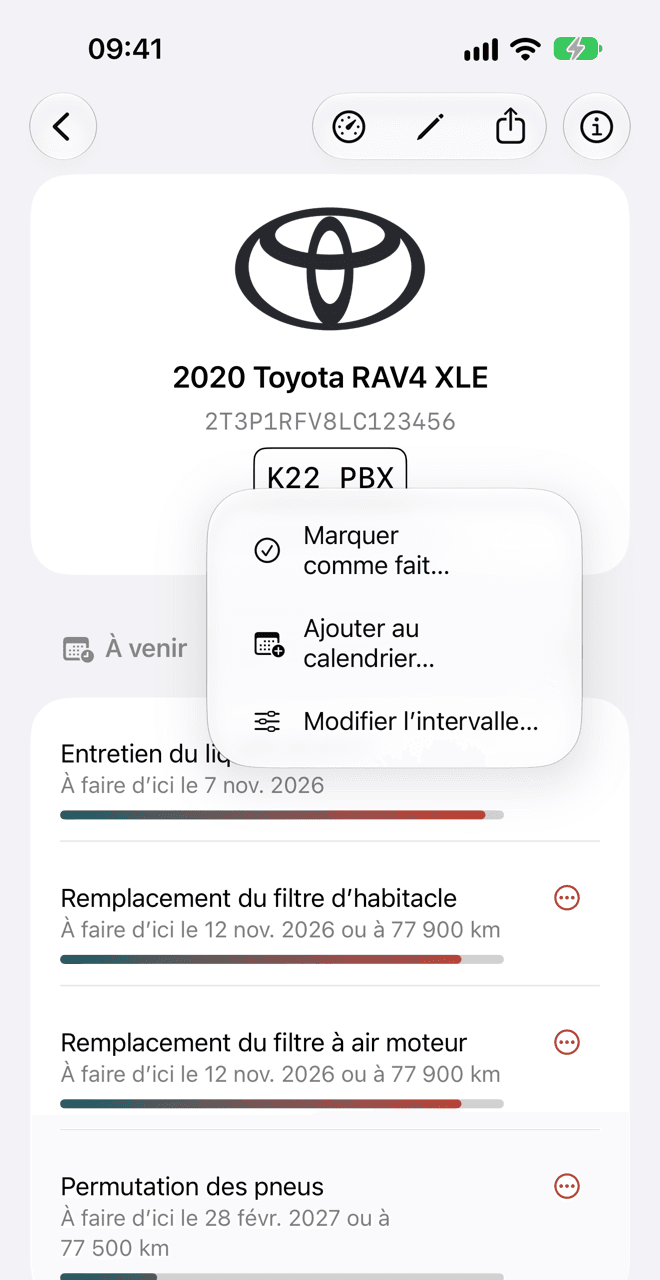 La liste À venir avec un menu ouvert à côté d’un entretien: Marquer comme fait…, Ajouter au calendrier… et Modifier l’intervalle….