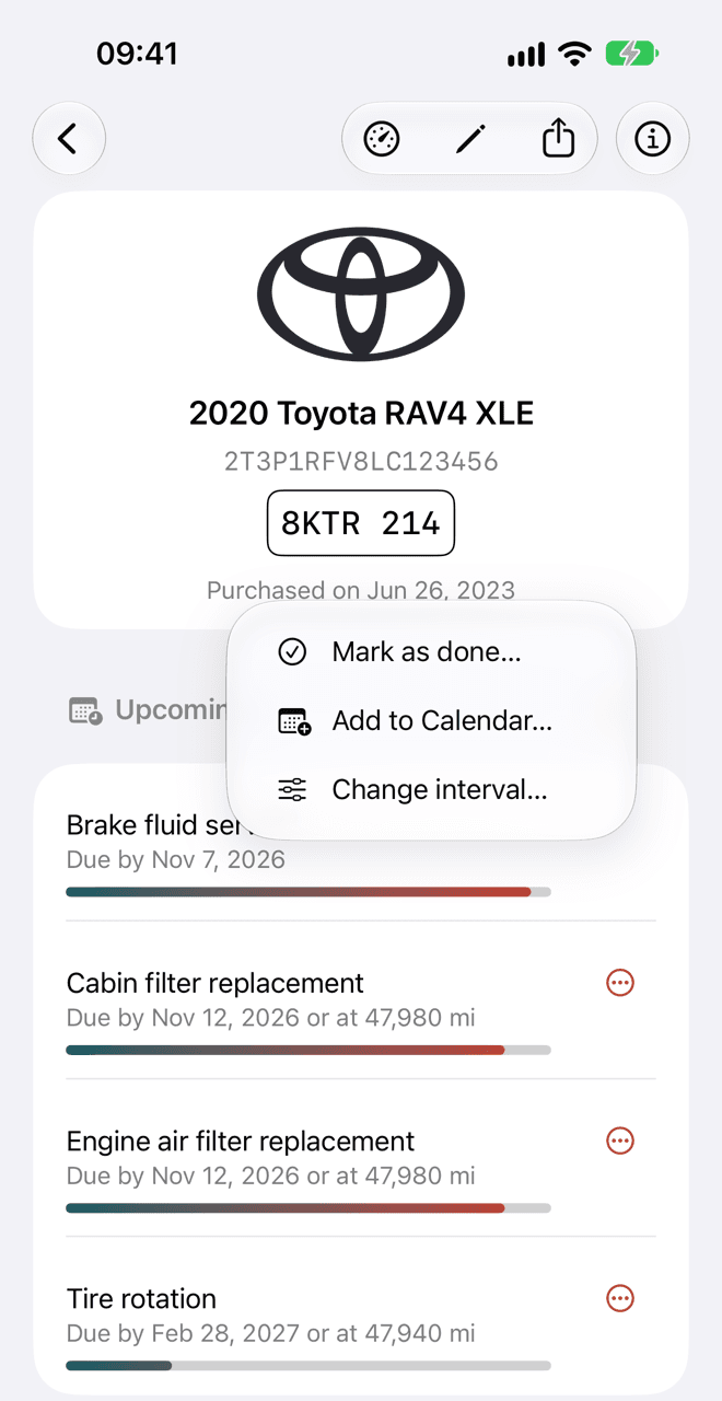 The Upcoming list with a menu open beside a service: Mark as done…, Add to Calendar… and Change interval….