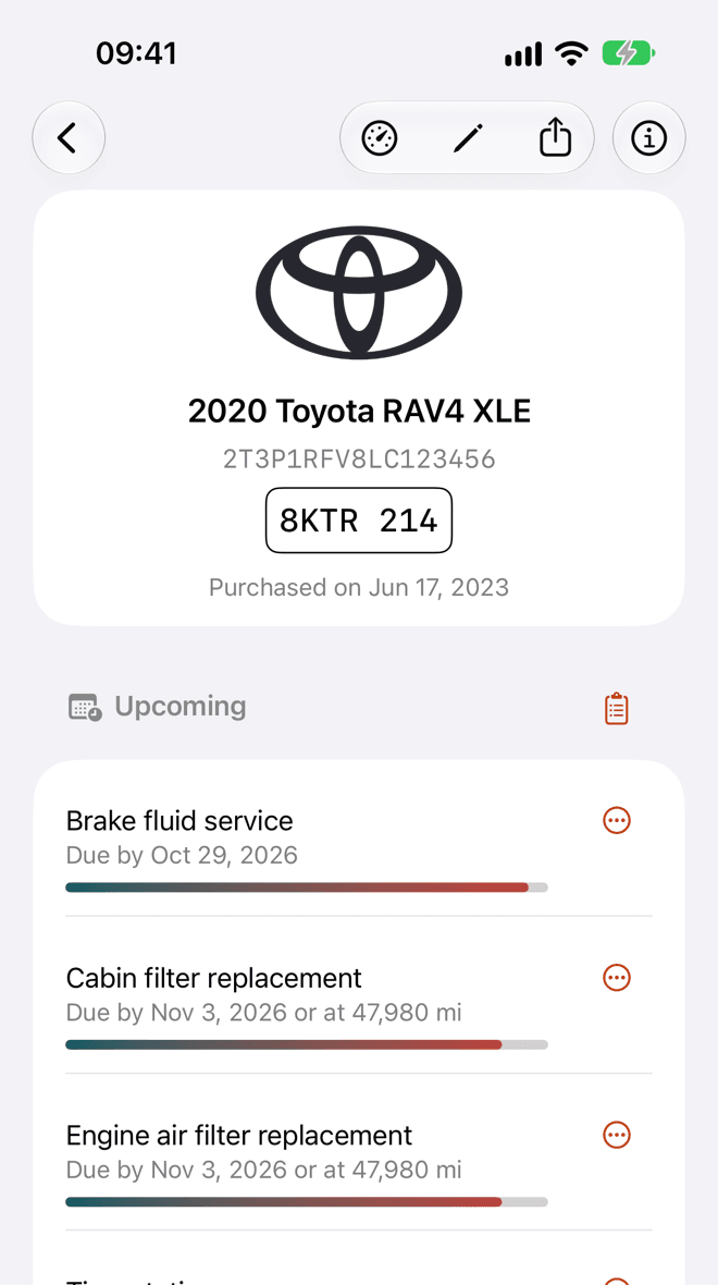 A 2020 Toyota RAV4 XLE, with its logo, VIN, license plate and purchase date, then an Upcoming section listing brake fluid, cabin filter, engine air filter and tire rotation, each with a progress bar.