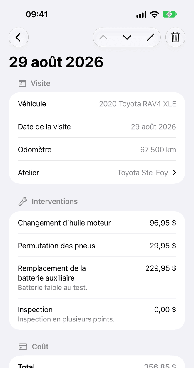 Une visite enregistrée: son véhicule, sa date et son kilométrage, les interventions avec leur coût, la facture, le coût et l’atelier.