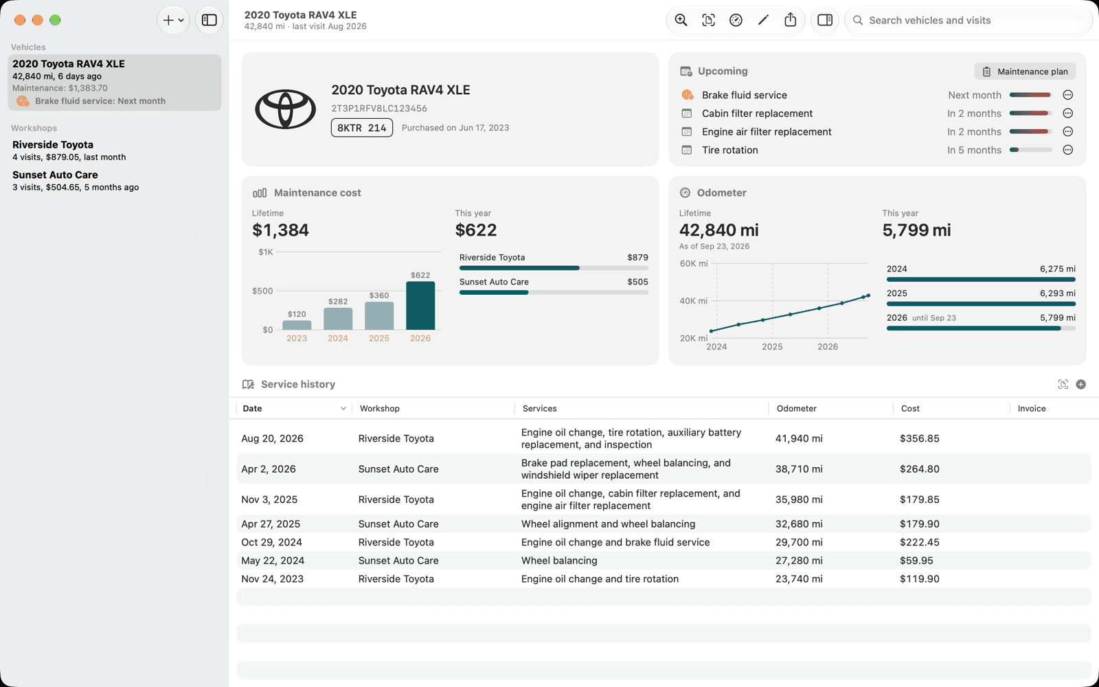 Vehicare on a Mac: the sidebar with a vehicle and two workshops, the vehicle’s cards with its upcoming services, costs and odometer charts, and the service history table below.