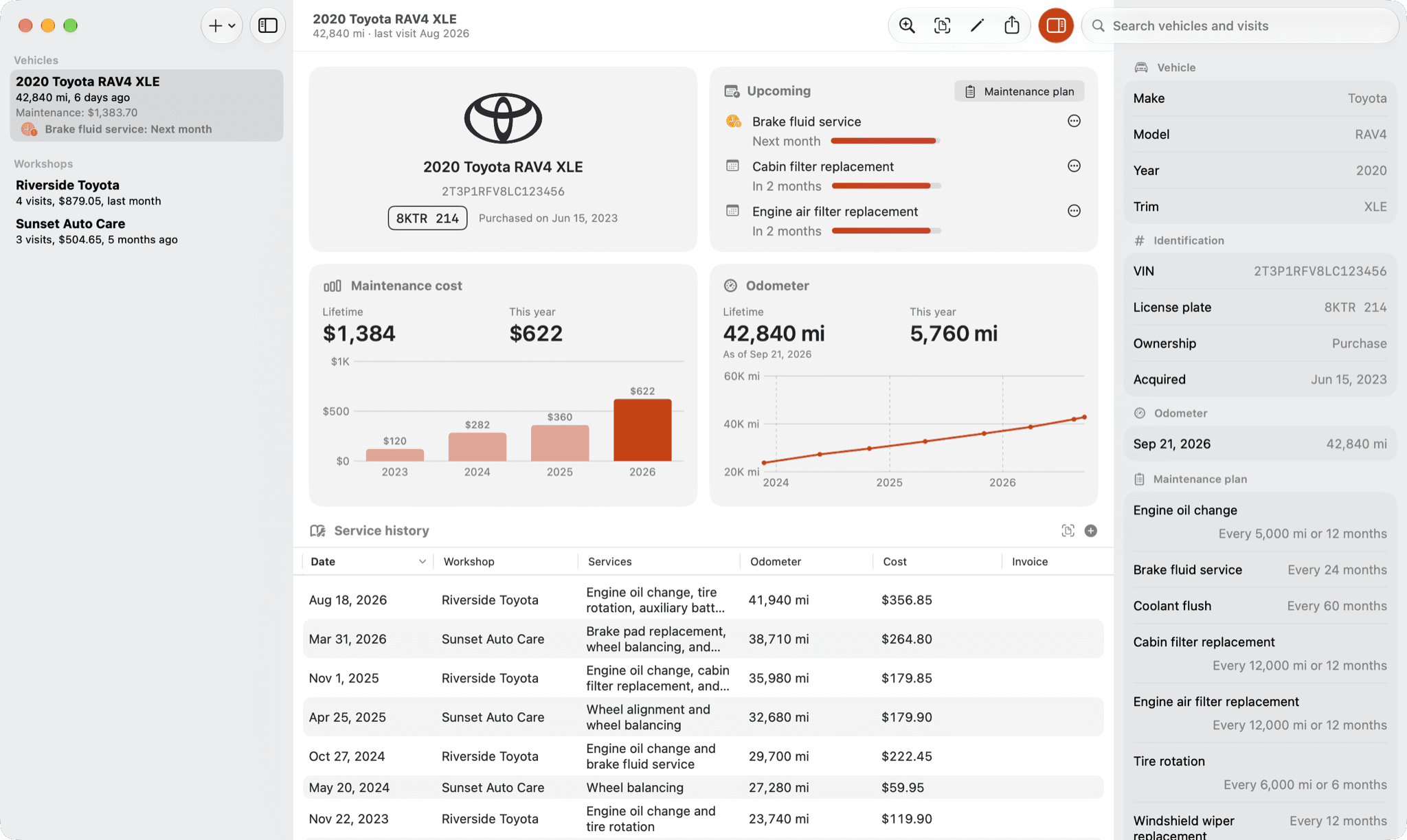 Vehicare on a Mac: the vehicle, what’s coming up, and its cost and odometer charts, above a table of its service history, with its details in the inspector.